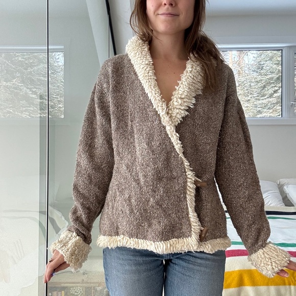 Vintage wool and cotton wrap style Sherpa sweater cardigan medium - Picture 3 of 14